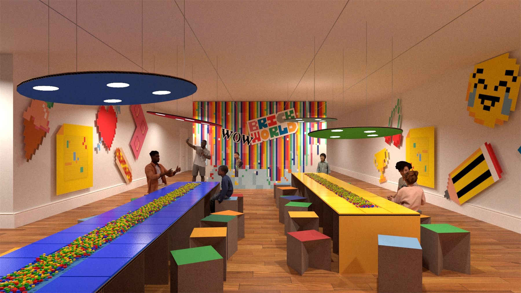 Development render of the workshop room, with long colourful build tables