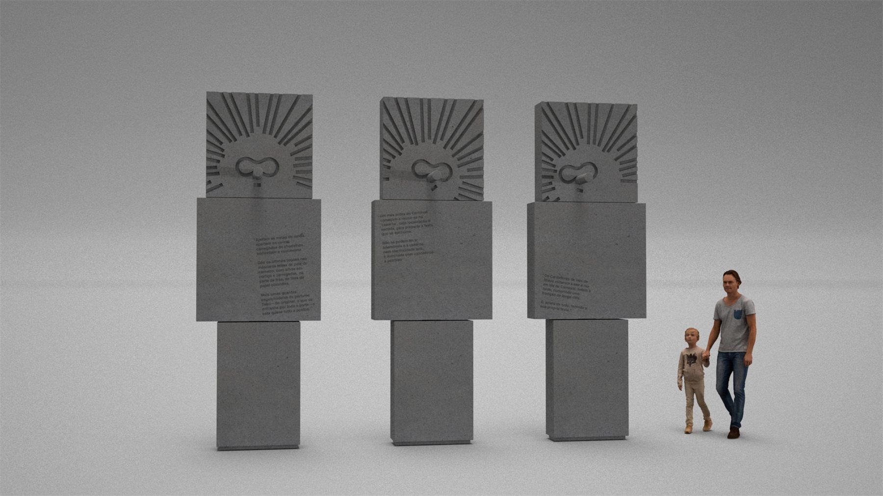 Elevation of all three totems side by side, with a figure and a child for scale