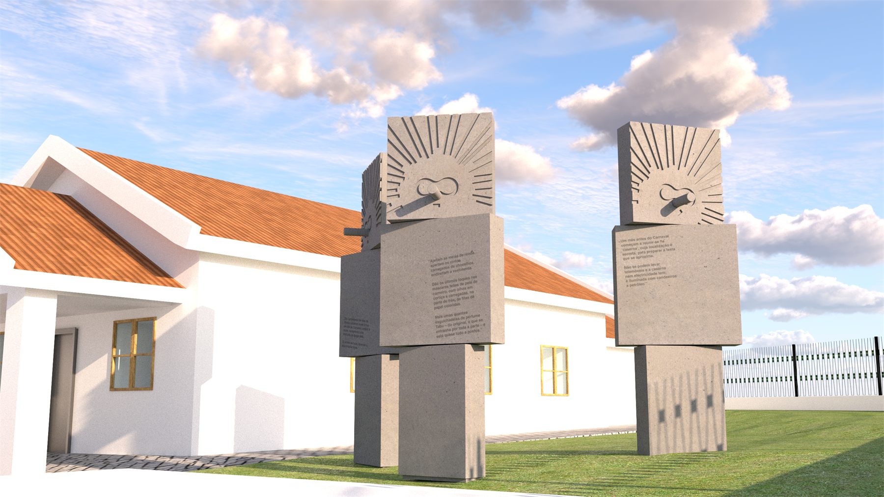 The totems seen against the white building with its tiled roof
