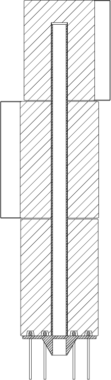 Section through one totem: a single steel tube running the full height through all three concrete blocks, down to a base prepared in the ground