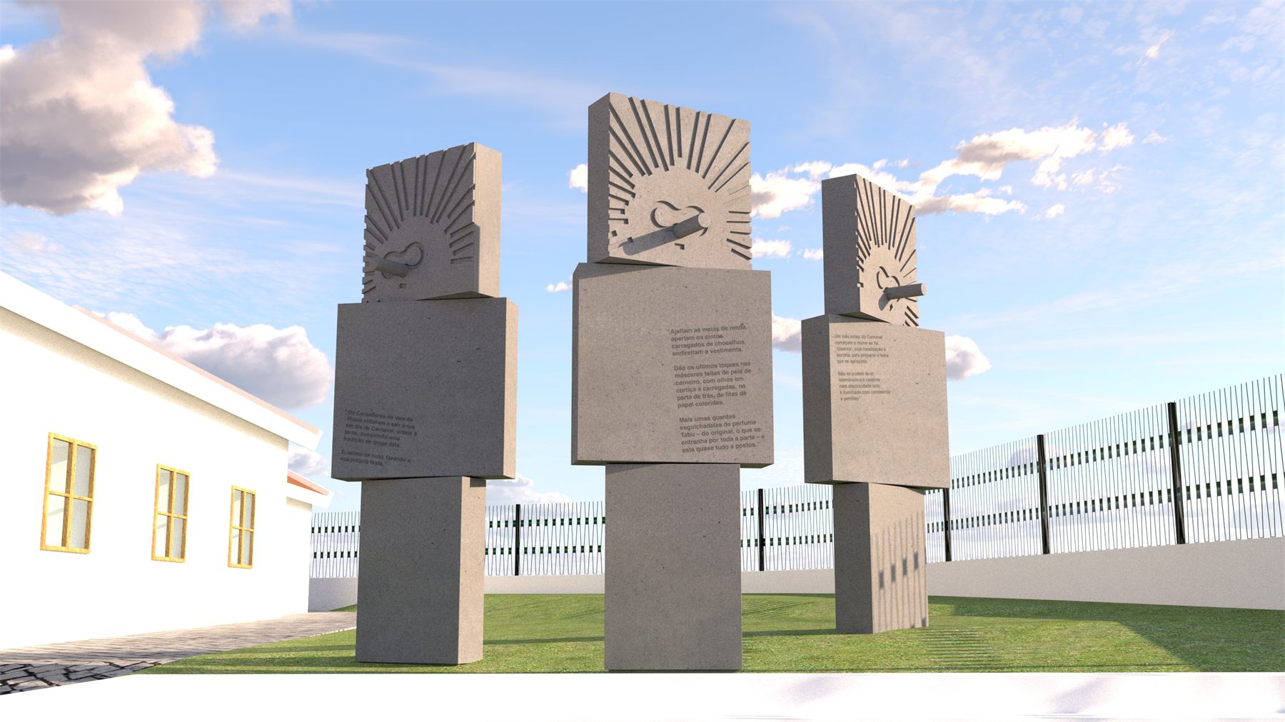 Cardadores: three concrete totems standing against the sky at the entrance to the Feitoria