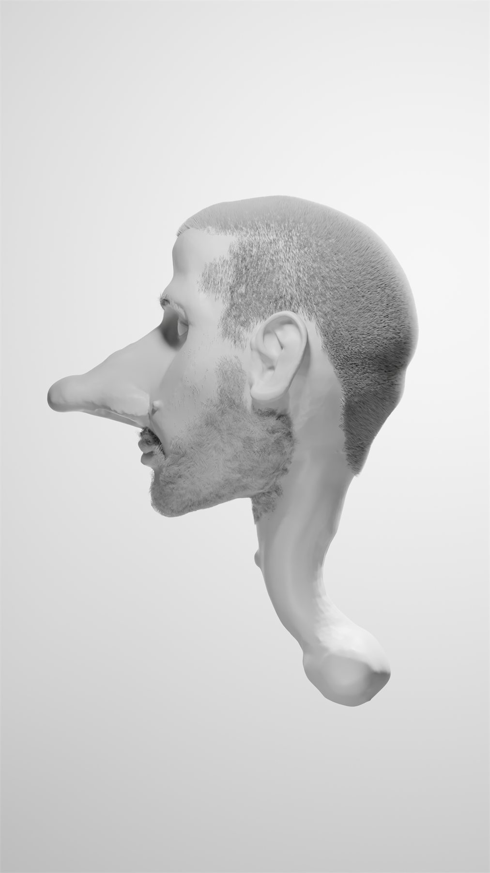 The untextured sculpt seen from the side, nose fully exaggerated