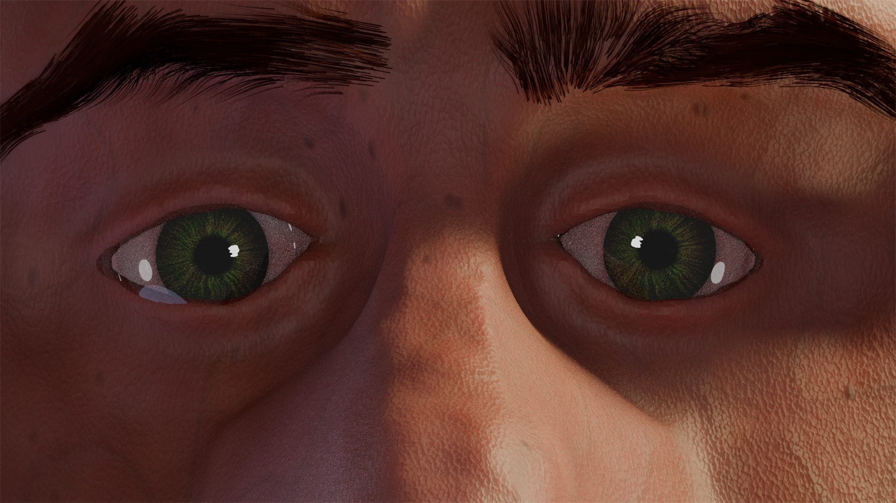 Close view of both eyes, brows and the skin around them