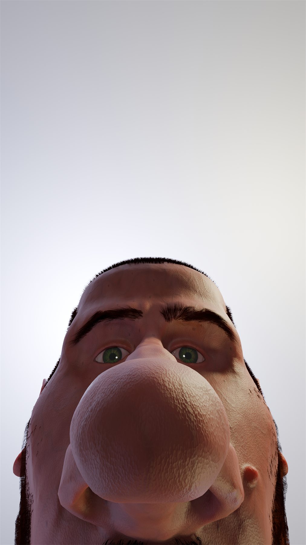 The finished caricature seen from below, the nose dominating the frame