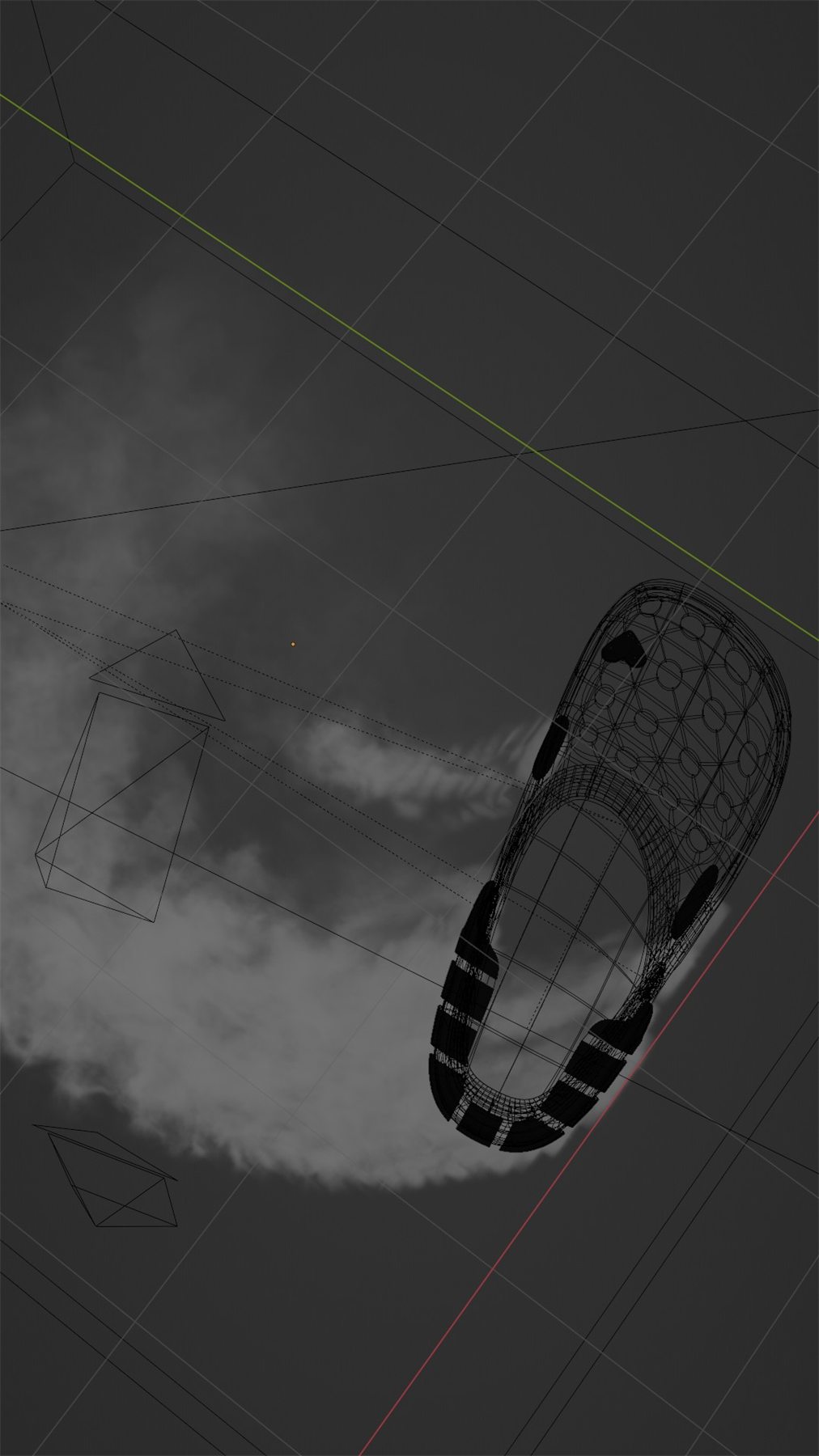 The smoke simulation running over the model&rsquo;s wireframe in the viewport