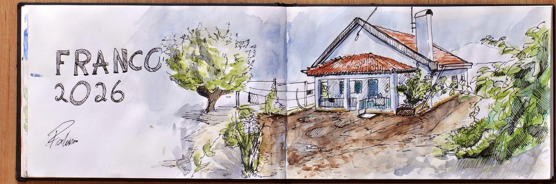 A long sketchbook spread in ink and watercolour: a tiled house among olive trees on a slope, drawn across both pages