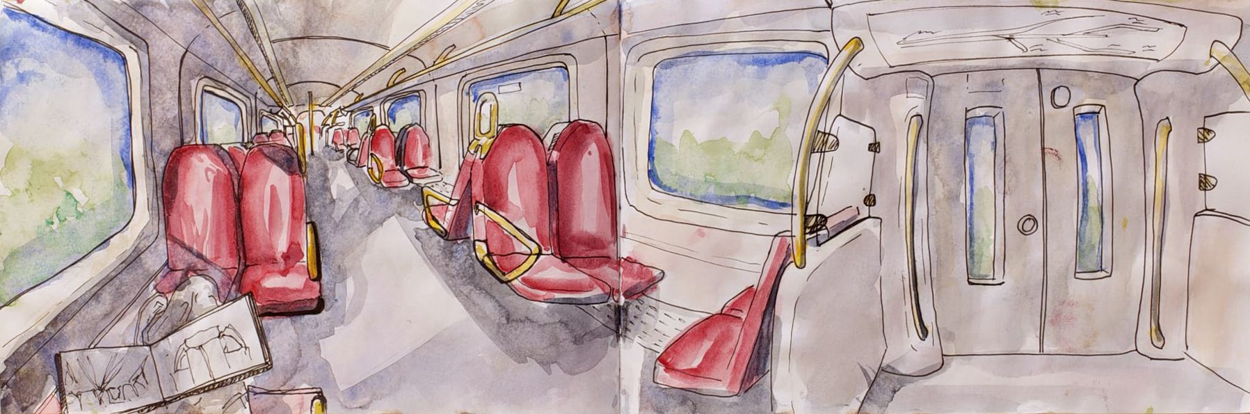 A sketchbook spread in ink and watercolour: the inside of an empty train, red seats and yellow handrails running away down the carriage