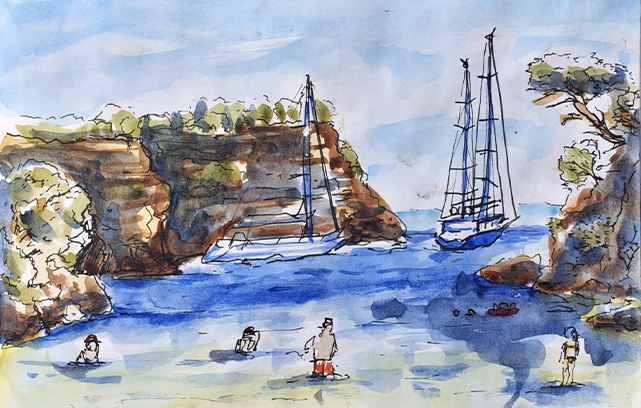 Sketchbook watercolour of a Menorcan cove: a rock arch, two sailing boats and swimmers in the shallows