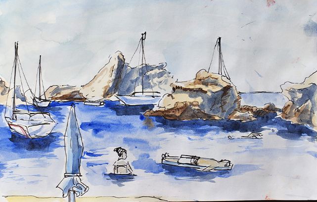 Sketchbook watercolour of boats moored against pale rocks, a swimmer in the foreground