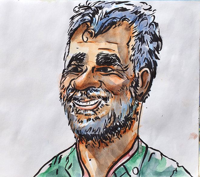Watercolour and ink portrait of a laughing grey-haired man in a green shirt