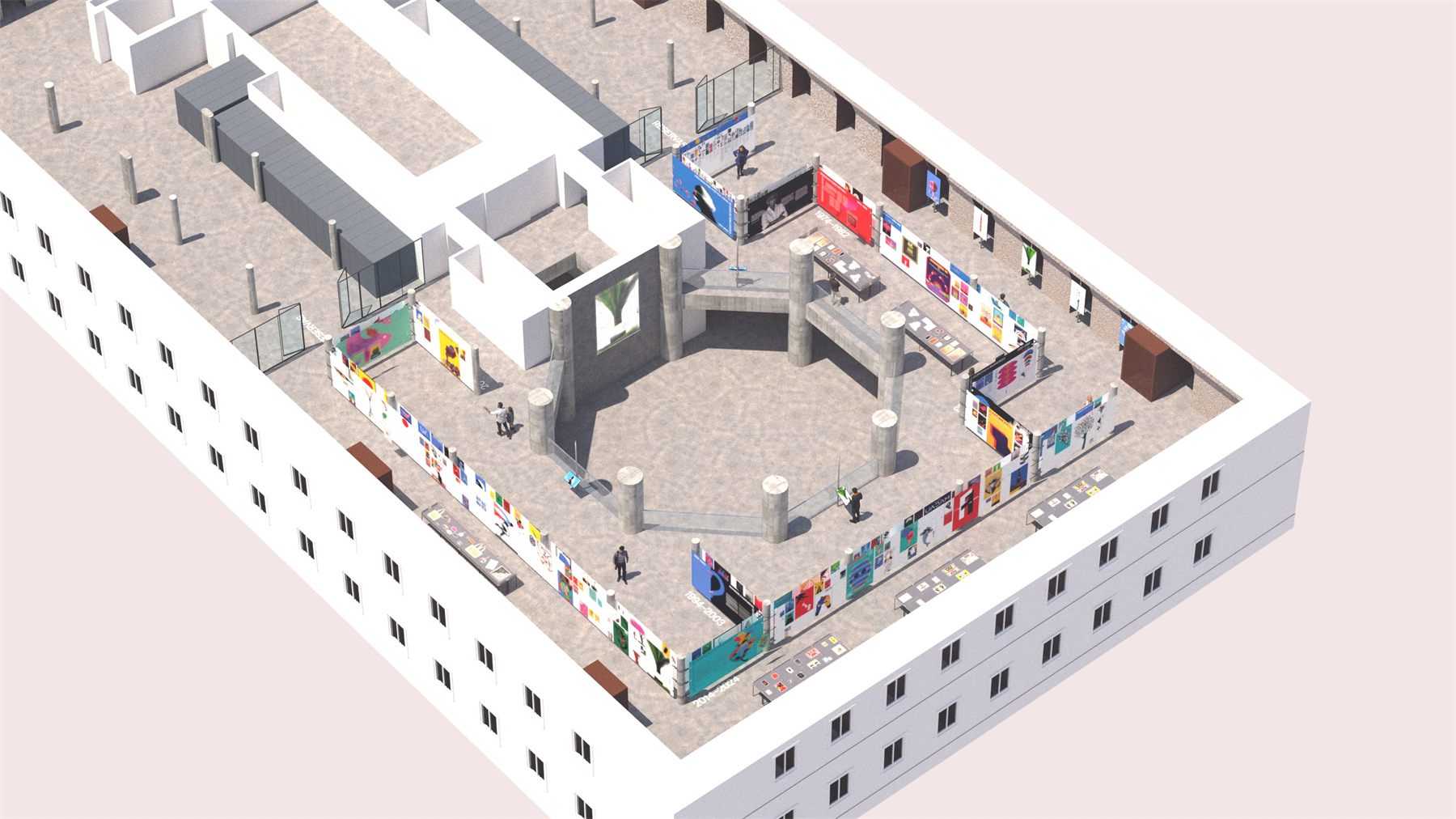 Axonometric render of the full exhibition floor, showing the route through the column grid