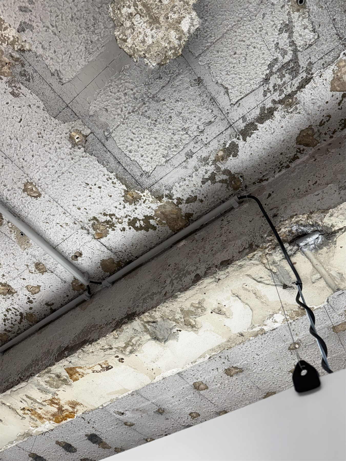 A clip connecting a tension line to the exposed ceiling structure