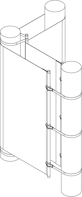 Axonometric of the corner: the fabric wraps an additional vertical profile and turns, continuing as one surface, with straps taken around the adjacent column and back to that profile