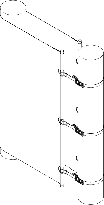 Axonometric of one fabric panel spanning between two concrete columns, with the steel tube inside the sewn edge of the fabric and ratchet straps pulling the tube to the column