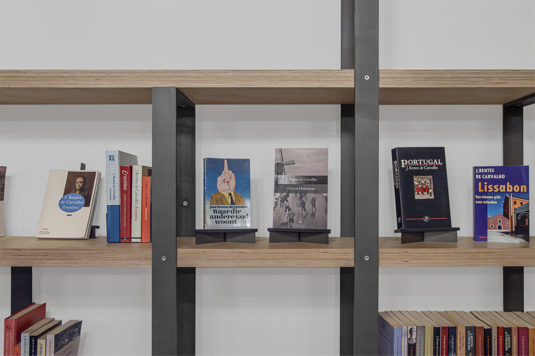 The shelving unit: steel uprights carrying plywood shelves of books