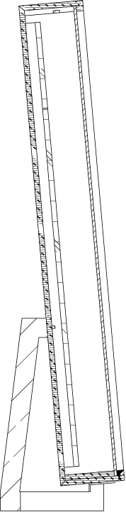 Section through the vitrine: the leaning cabinet on its wedge base, with the glass, the printed interior panel, the LED panel and the technical area stacked within about 200 mm of depth