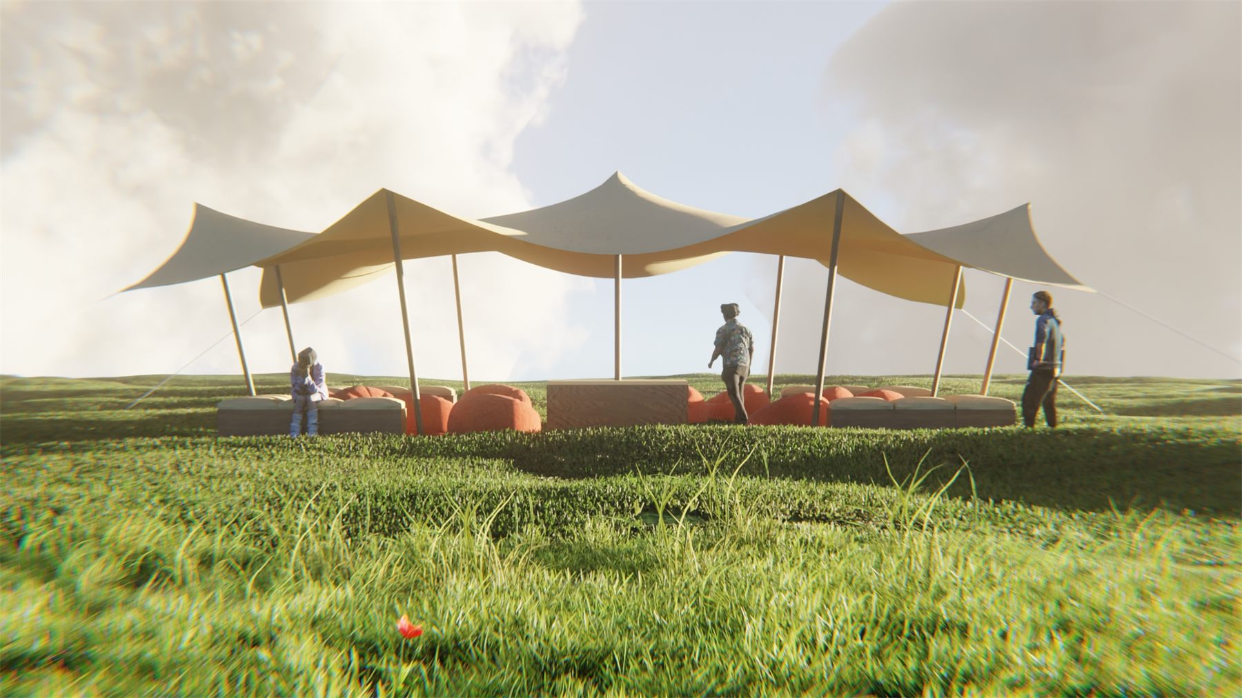 The pavilion seen across the grass, sails catching the light