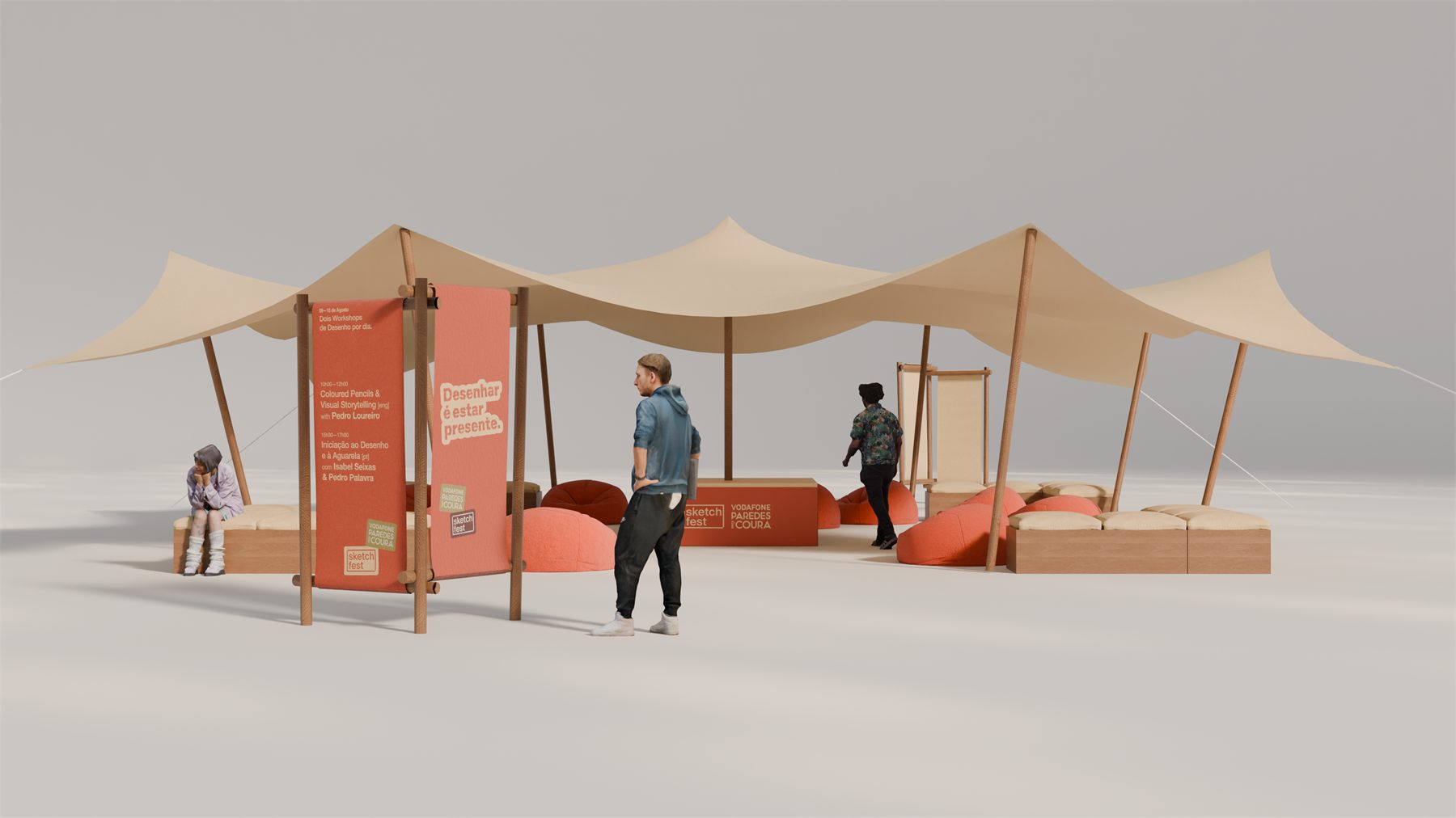 The pavilion with a printed totem standing at its edge
