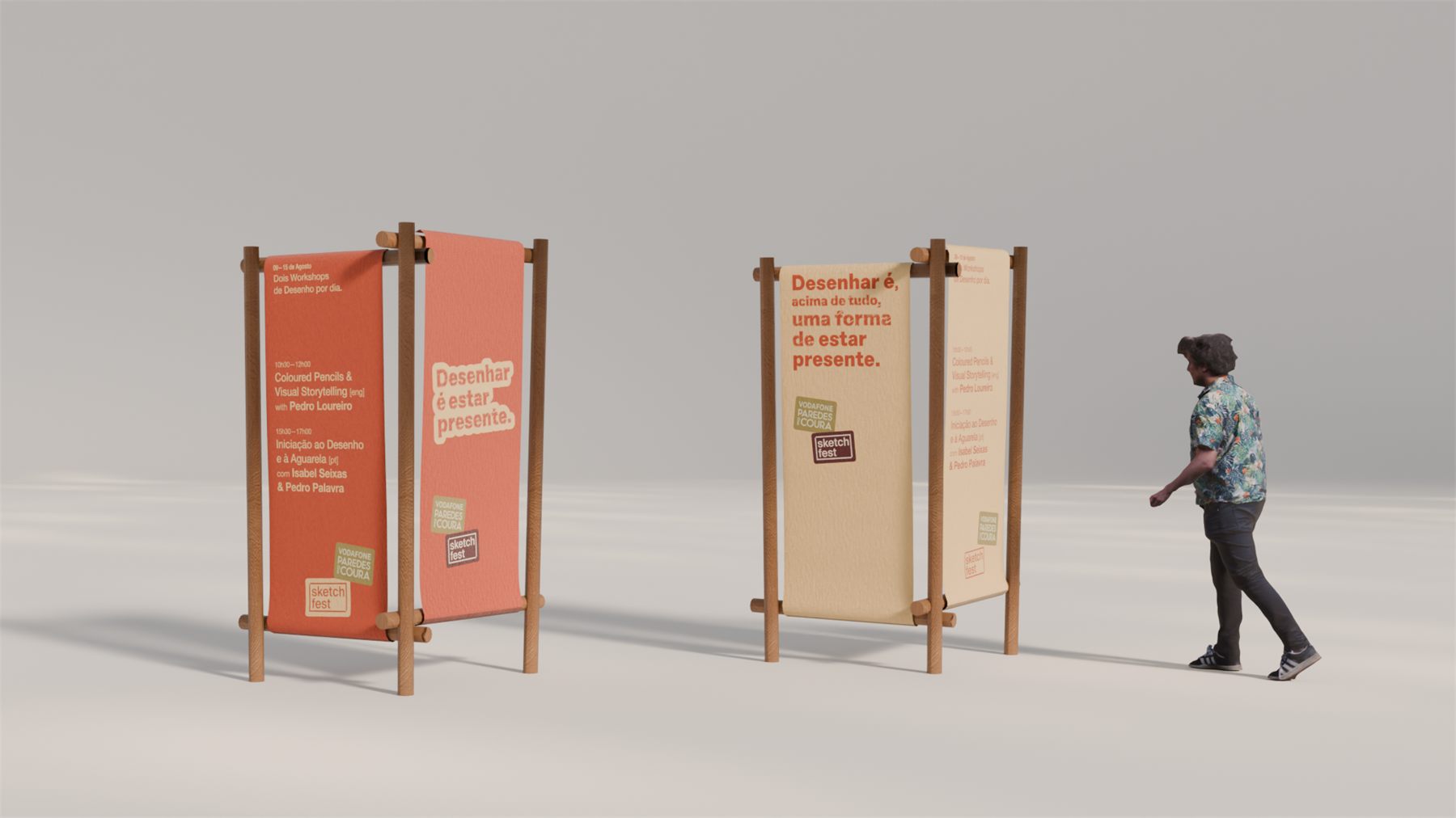 Freestanding totems carrying printed panels in the festival&rsquo;s colours