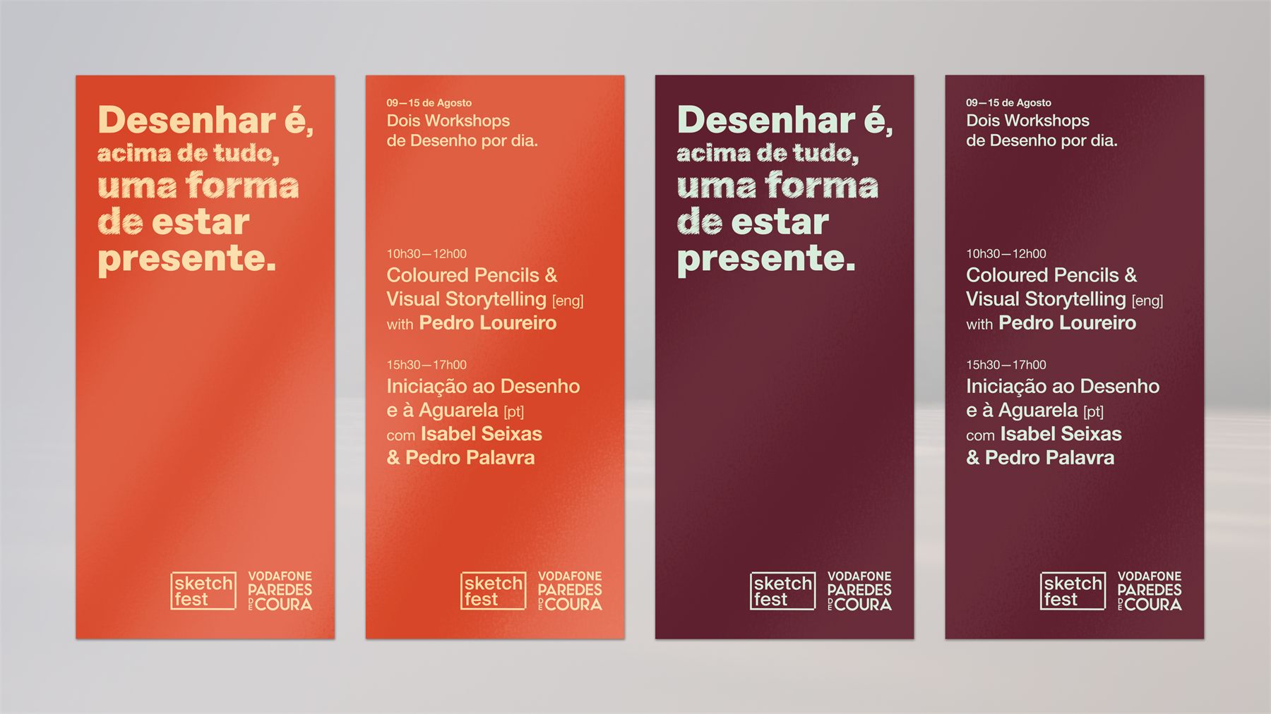 The printed panels flat: workshop titles and times in red and burgundy