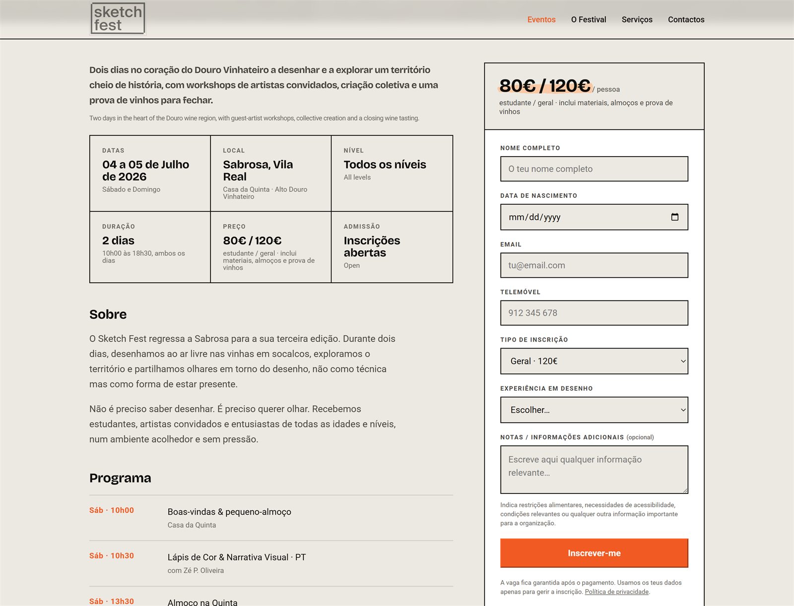 The event page: the facts of the edition laid out in a grid on the left, the booking form and its pricing running alongside on the right