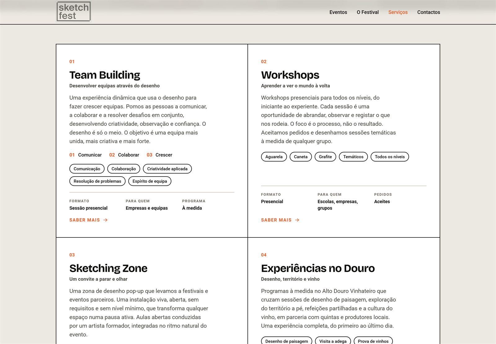 The services page: a grid of four offers (team building, workshops, sketching zone, Douro experiences), each with its format, audience and a link to ask