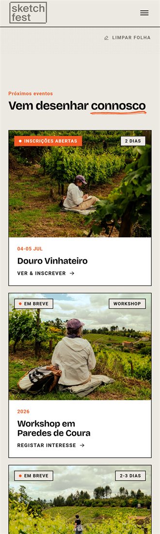 The site at phone width: the events listing stacked into a single column under the developed wordmark